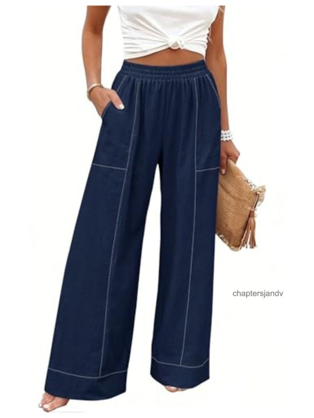 Womens Cotton Linen Wide Leg Palazzo Pants Elastic Waist with Pockets